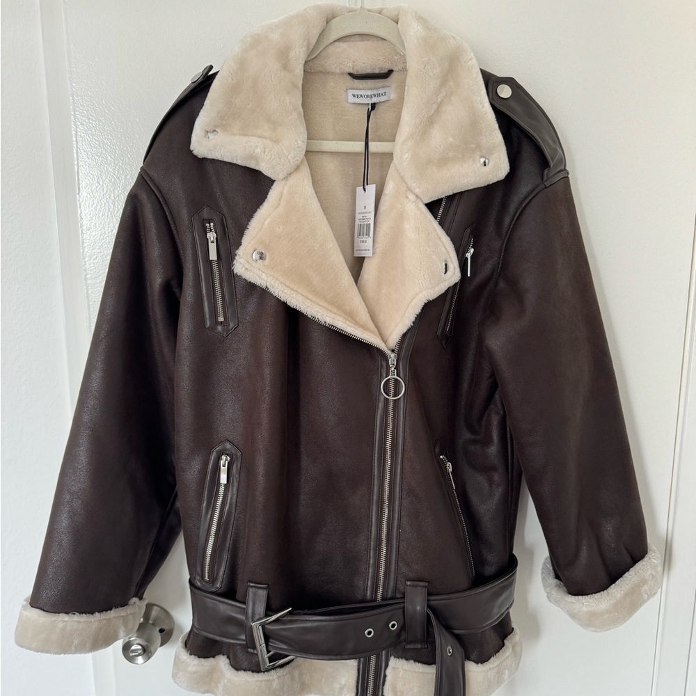 WeWoreWhat Brown Leather Shearling Jacket with Cream Trim